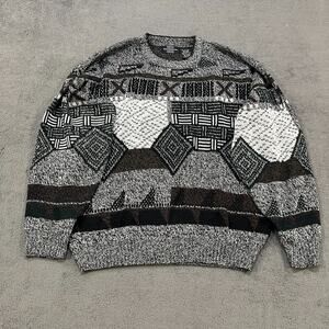 Expressions Gray Vintage Abstract Geometric Knit Crewneck Sweater Men's Size XL
